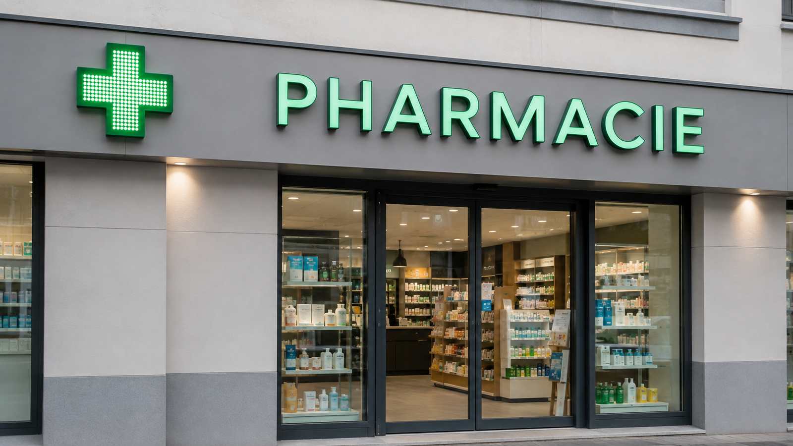 Pharmacie à l’île d’Oléron : devanture avec sa croix verte lumineuse et sa vitrine
